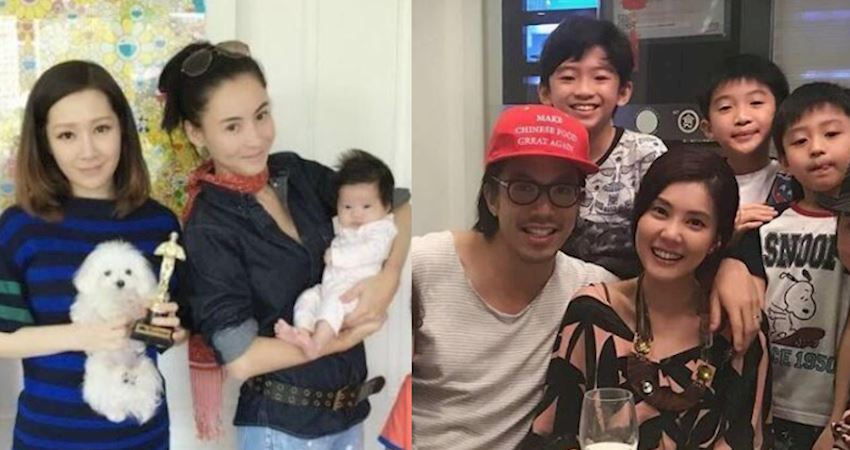张柏芝一家四口大合照?小宝宝头发茂盛,两个哥哥笑容牵强!